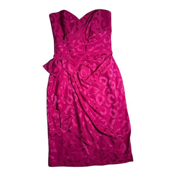 Vtg 1980s AJ Bari Fuchsia Pink Leopard Print Silk Strapless Bow Mini Dress Sz 4 - Picture 1 of 5